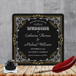 Vintage Deco Art Elegant Black White Gold Wedding Save The Date