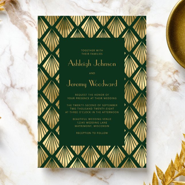 Vintage Deco Fans Green Blush 1920s Wedding Invitation (An ideal choice for a 1920s vintage themed wedding with a green and gold color palette.)