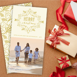 Vintage Deco Foliage Frame Merry Christmas Photo Holiday Card