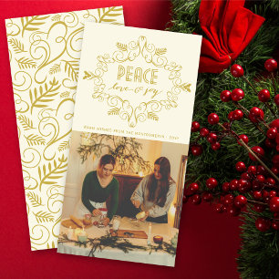 Vintage Deco Foliage Frame Peace Love Joy Photo Holiday Card