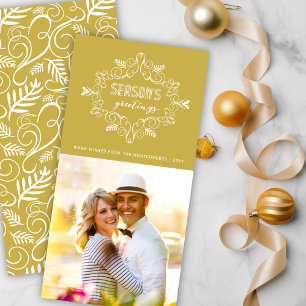 Vintage Deco Foliage Frame Season Greetings Photo Holiday Card