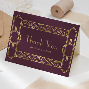 Vintage Deco Frame Burgundy Gold Wedding Thank You Card