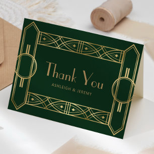 Vintage Deco Frame Green Gold Wedding Thank You Card