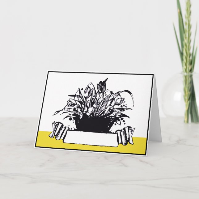 Vintage Deco Woodcut Style Flower Basket Holiday Card (Front)