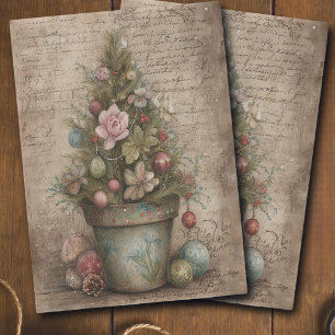 Vintage Decorated Christmas Tree Pot Decoupage Tissue Paper