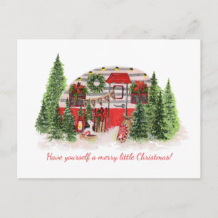 Vintage Decorated Red Camper Christmas Trees Announcement Postcard