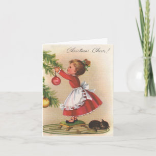 Vintage Decorating Tree Kitty Cat Christmas Card