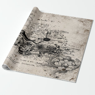 Vintage decoupage bird and clock wrapping paper