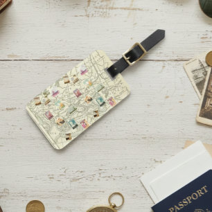 Vintage Decoupage Ephemera Travel Stamps Map  Luggage Tag