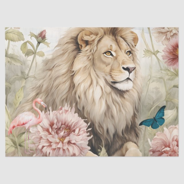 Vintage Decoupage Pastel Floral Lion Tissue Paper (Front)