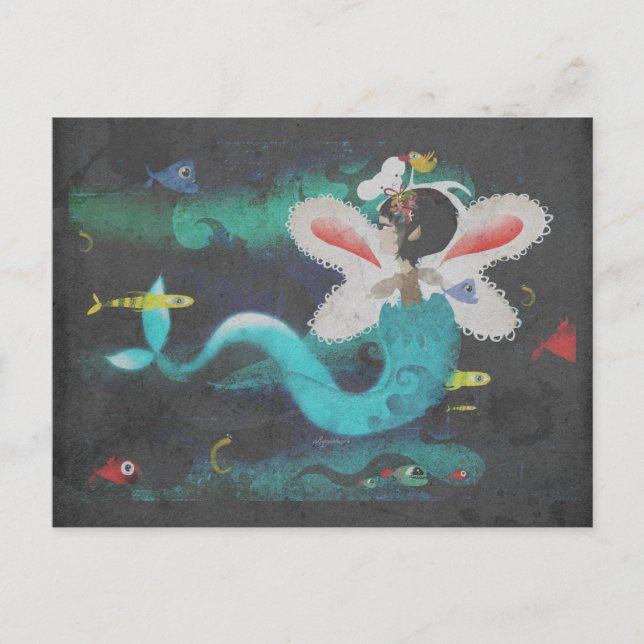 Vintage deep aqua light ocean sushi fish postcard (Front)
