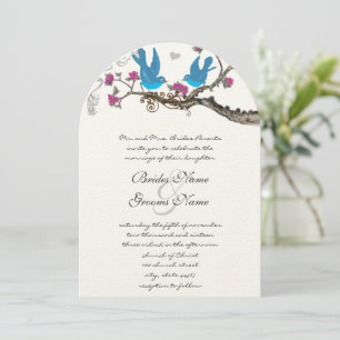 Vintage Deep Bright Aqua Birds Pink Fuchsia Blooms Invitation
