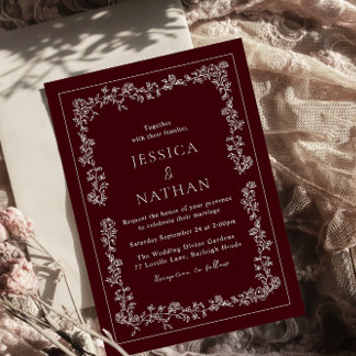 Vintage Deep Burgundy & White Elegant Wedding Invitation