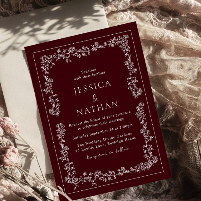 Vintage Deep Burgundy & White Elegant Wedding Invitation (Creator Uploaded)
