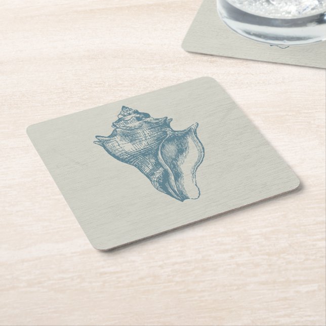Vintage Deep Ocean Blue Shell Square Paper Coaster (Angled)