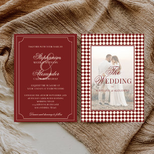 Vintage Deep Red Checkered Old Money Photo Wedding Invitation