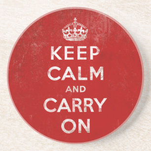 Vintage Deep Red Distressed Keep Calm and Carry On Coaster