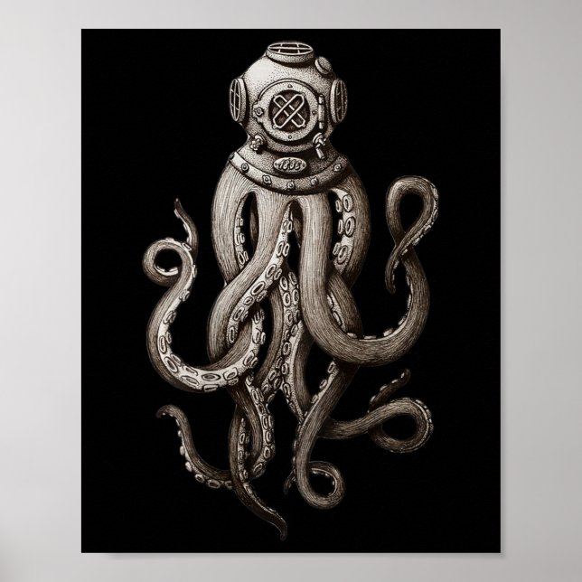 Vintage Deep Sea Divers Cthulhu Octopus  Poster (Front)