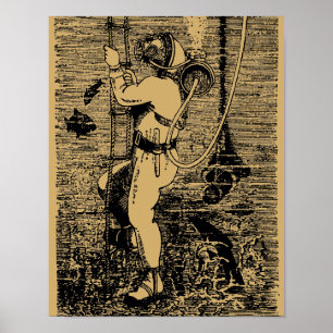 Vintage Deep Sea Scuba Diver Steampunk Poster