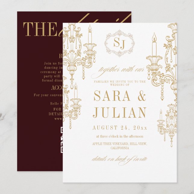 Vintage Deep Wine Old Money Wedding Invitation (Front/Back)