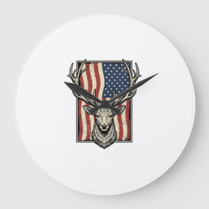 Vintage Deer American Flag Hunting Shirt Design_1 Large Clock