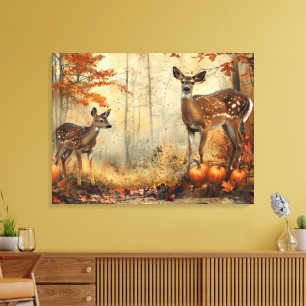 Vintage Deer and Fawn Autumn Foliage 32x24 Canvas Print