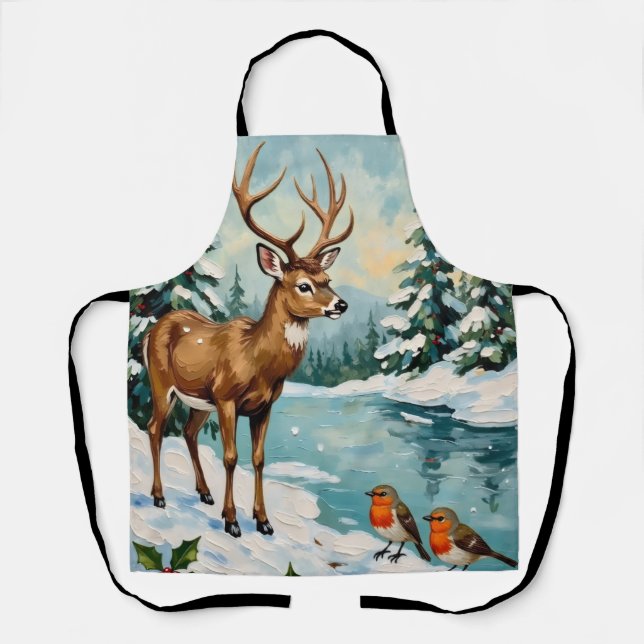Vintage Deer and Robins Christmas Scene Apron (Front)