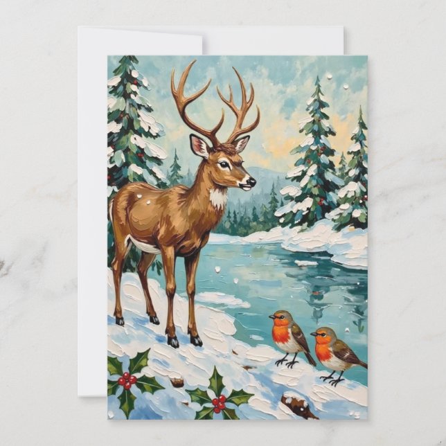 Vintage Deer and Robins Christmas Scene Holiday Card (Front)