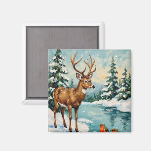 Vintage Deer and Robins Christmas Scene Magnet