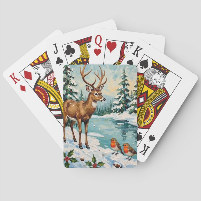Vintage Deer and Robins Christmas Scene Playing Cards (Back)