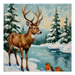 Vintage Deer and Robins Christmas Scene Poster