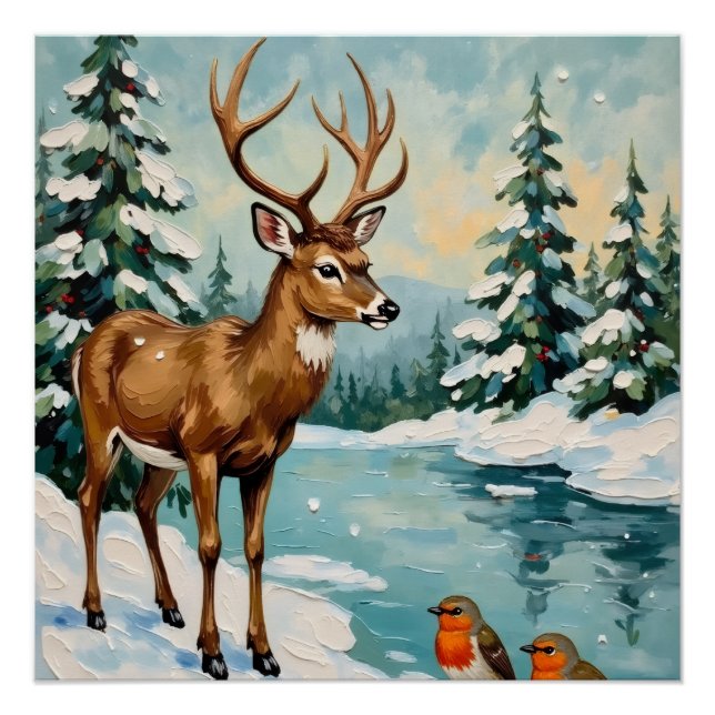 Vintage Deer and Robins Christmas Scene Poster (Front)