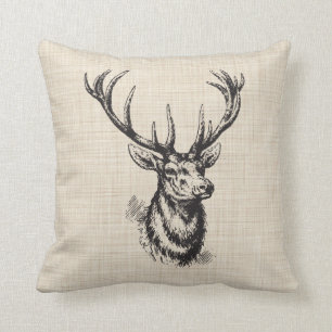 Vintage Deer Antlers on Faux Linen texture Cushion