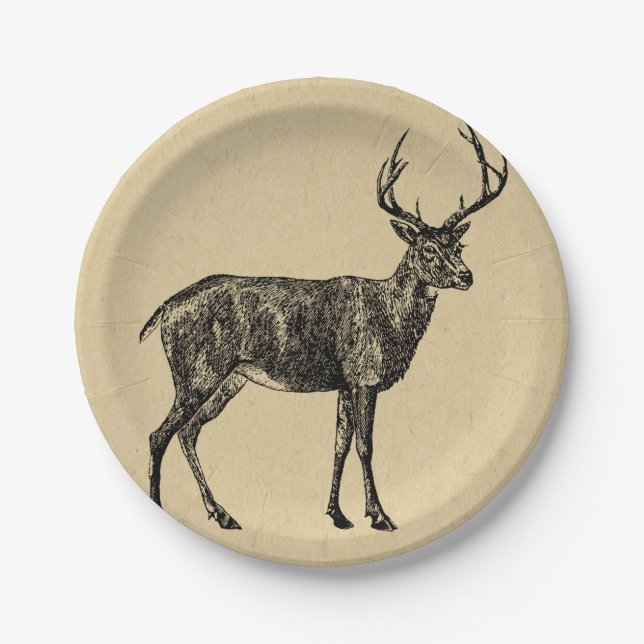 Vintage Deer Art Illustrated Deer Paper Plate (Front)