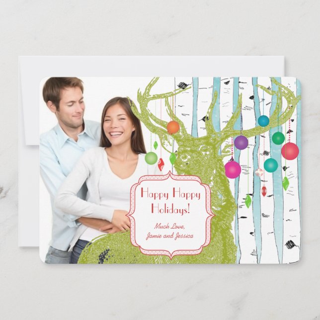 Vintage Deer  Birch Tree Photo Christmas Card (Front)