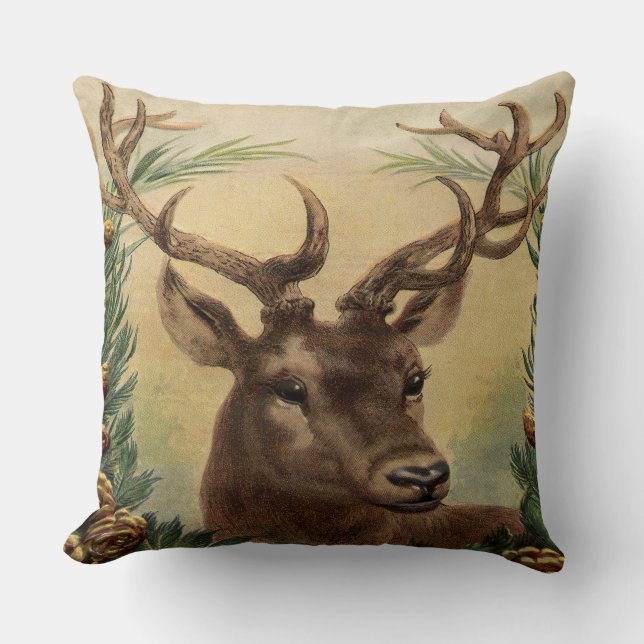 Vintage Deer Buck Stag Nature Rustic Christmas Cushion (Front)