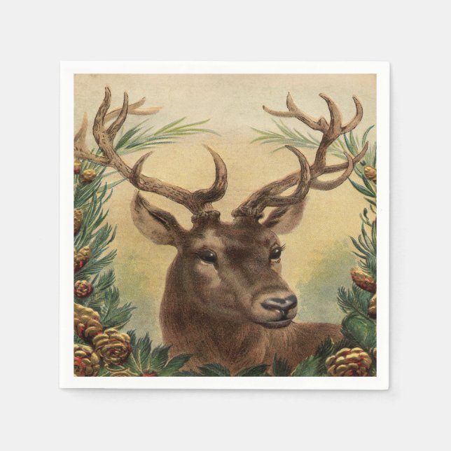Vintage Deer Buck Stag Nature Rustic Christmas Napkin (Front)