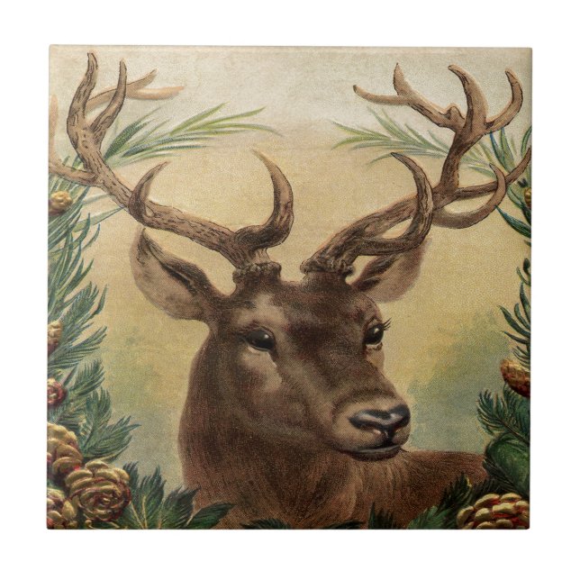 Vintage Deer Buck Stag Nature Rustic Christmas Tile (Front)