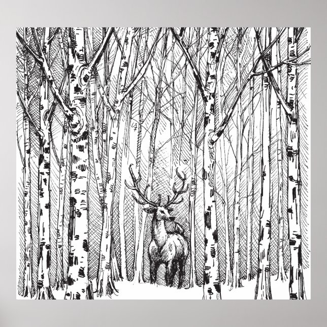 Vintage deer: carbon winter drawing. poster (Front)