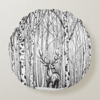 Vintage deer: carbon winter drawing. round cushion