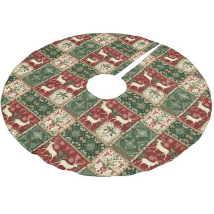 vintage deer Christmas faux patchwork style Brushed Polyester Tree Skirt