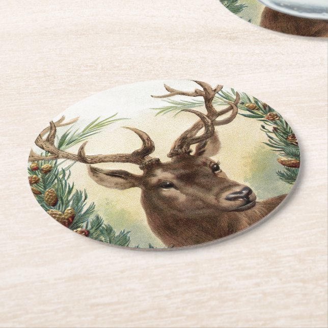 Vintage Deer Head Holiday Paper Coasters (Angled)