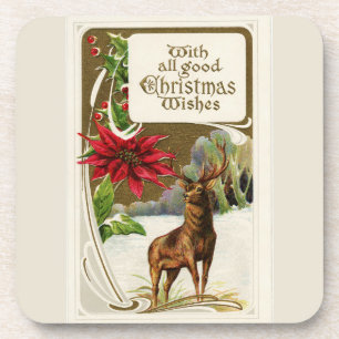 Vintage Deer in Snow Light Grey Christmas Coaster