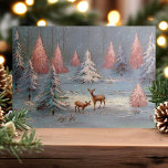 Vintage Deer In Snowy Forest Pink Christmas Trees Holiday Card<br><div class="desc">Vintage Deer In Snowy Forest Pink Christmas Trees Holiday Card. This design features vintage deer in the snowy woods surrounded by pink Christmas trees. What a beautiful retro holiday scene. Personalise this custom design with your own inside greeting.</div>
