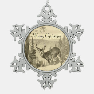 Vintage Deer In Woods Snowflake Pewter Christmas Ornament