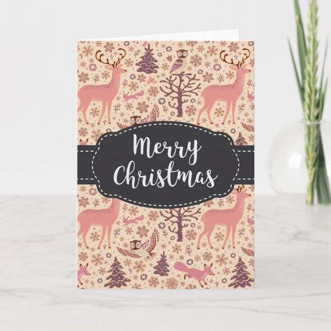 Vintage Deer Owl Fox Woods Merry Christmas Card (Front)