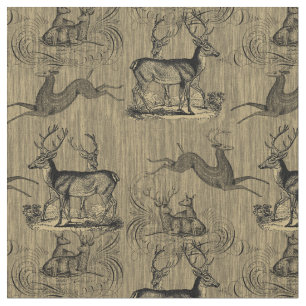 Vintage Deer Pattern on Rustic Woodsy Background Fabric