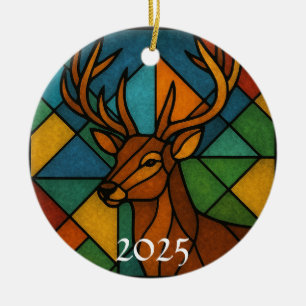 Vintage Deer Stained Glass Design Ceramic Tree Decoration