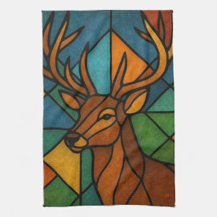 Vintage Deer Tiffany Style Stained Glass Art Tea Towel