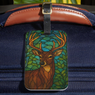 Vintage Deer Tiffany Style Stained Glass Design Luggage Tag